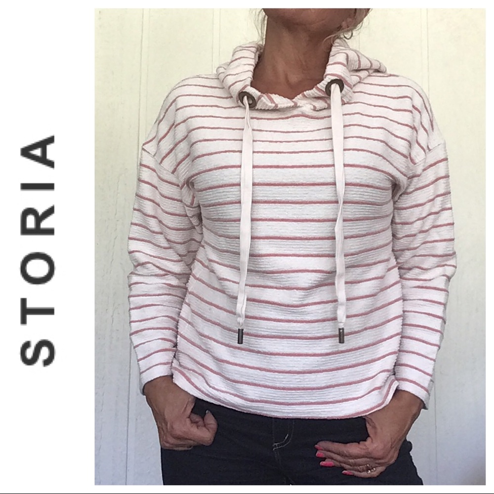 STORIA PINK WHITE STRIPED FRENCH TERRY HOODIE MEDIUM
